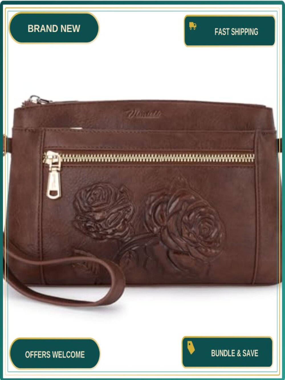 Small Floral Embossed Vegan Leather Crossbody Bag Wristlet Purse